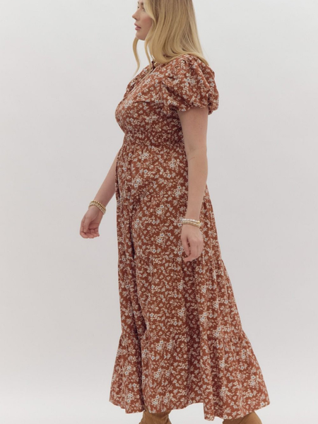 Chestnut Ditsy Floral Midi Dress - Themasonboutique