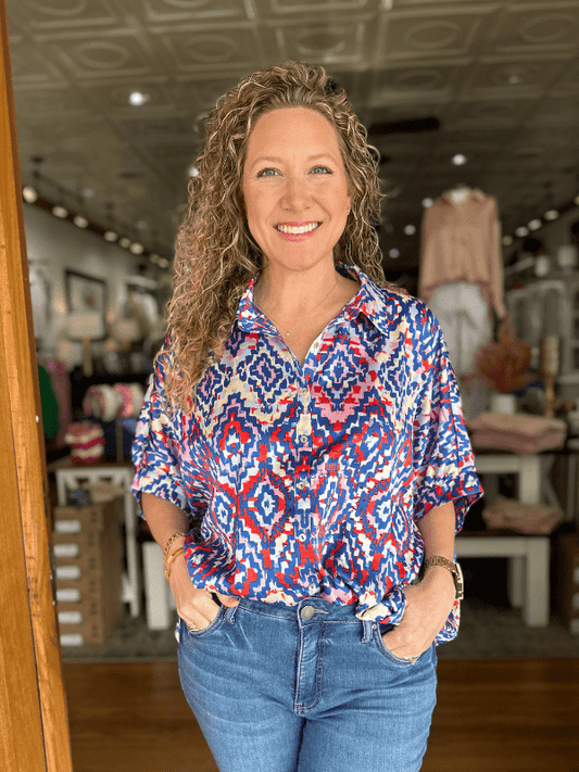 Royal Blue Abstract Print Blouse - Themasonboutique