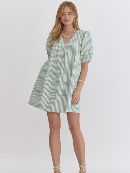 Kelly Green Striped Puff Sleeve Mini Dress