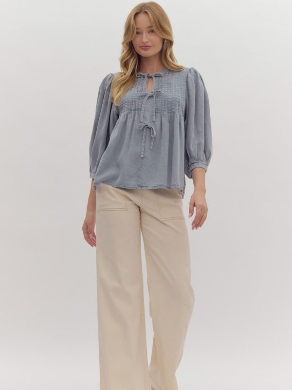 Light Wash Tencel Bow Top - Themasonboutique