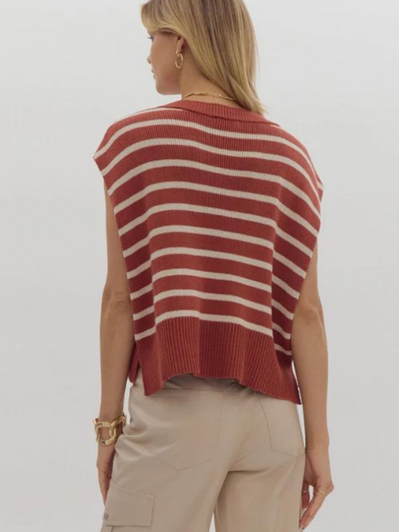 Brick & Cream Striped Short Sleeve Sweater