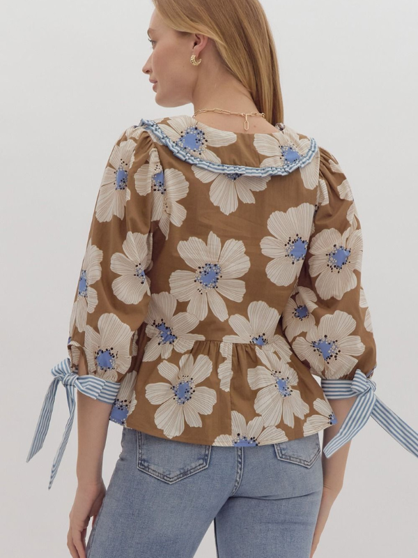 Brown & Blue Floral Sailor Collar Top - Themasonboutique