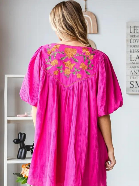 Berry Embroidered Gauze Tunic Dress