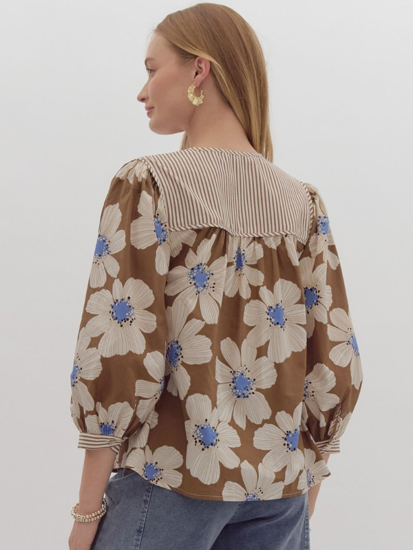 Camel & Blue Floral Bow Top - Themasonboutique