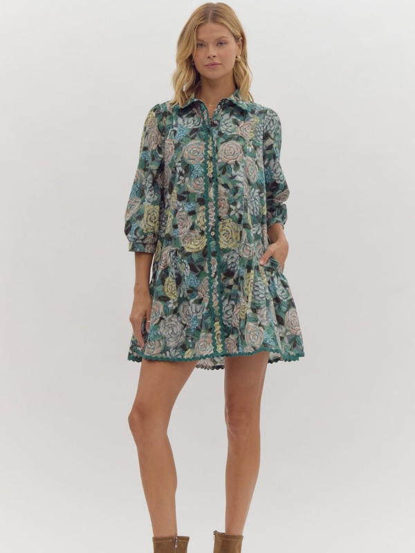 Teal Green Watercolor Floral Dress - Themasonboutique