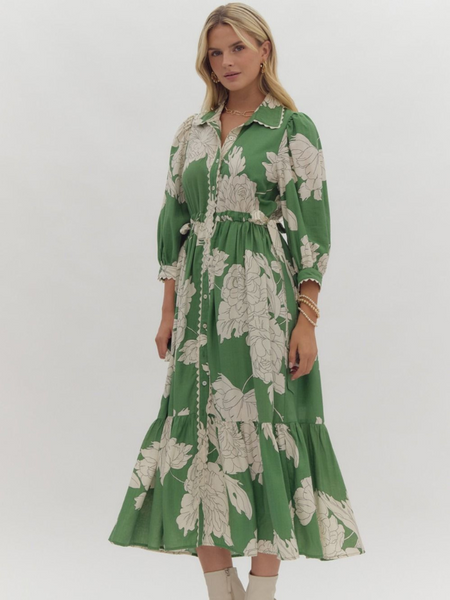 Green & Cream Floral Maxi Dress - Themasonboutique