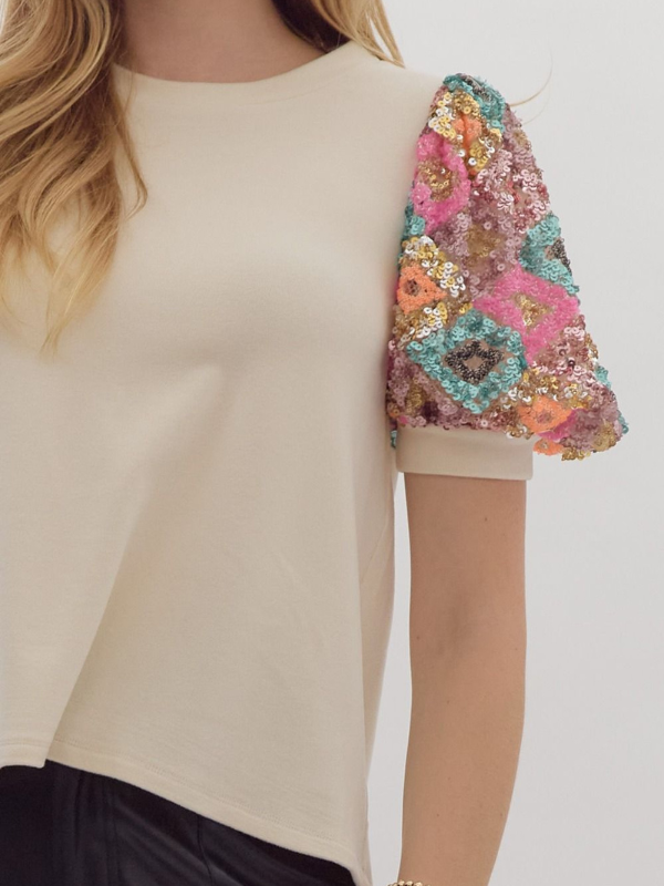 Cream Sequin Geo Puff Sleeve Top - Themasonboutique