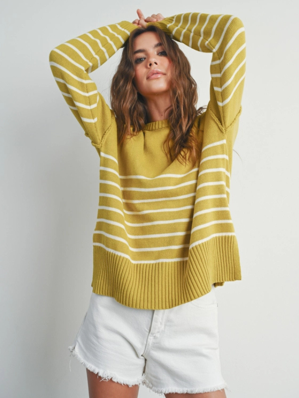 Chartreuse & Ivory Stripe Drop Shoulder Sweater