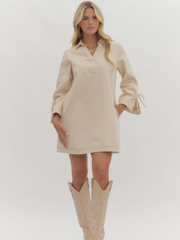 Sand Denim Bow Sleeve Mini Dress - Themasonboutique