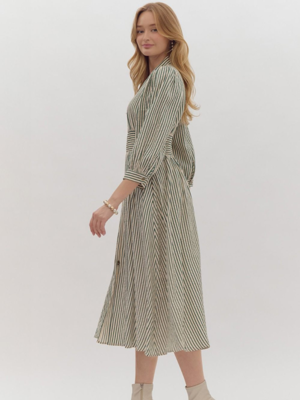 Green Striped Smocked Midi Dress - Themasonboutique