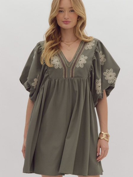 Olive & Cream Floral Embroidery Babydoll Dress - Themasonboutique