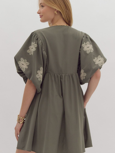 Olive & Cream Floral Embroidery Babydoll Dress - Themasonboutique