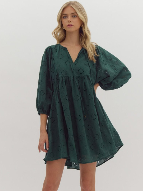 Hunter Green Eyelet Mini Dress - Themasonboutique