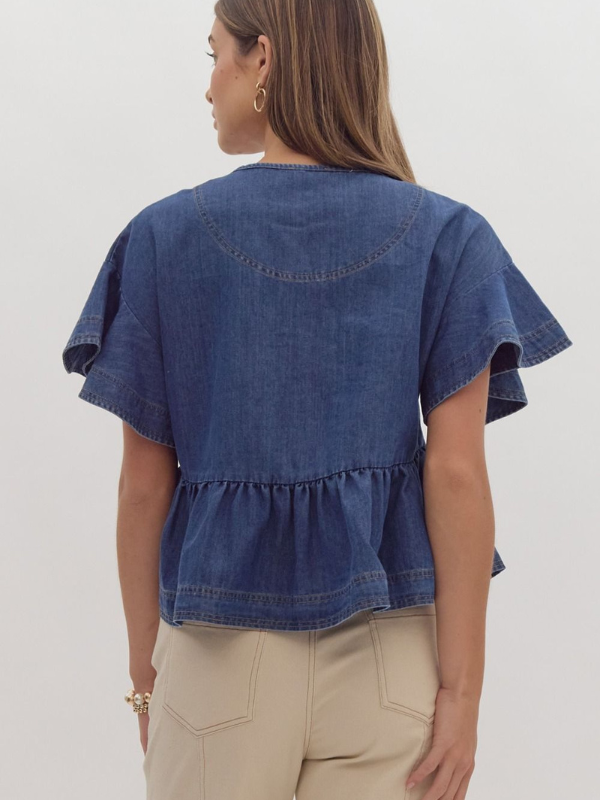 Denim Ruffle Sleeve Peplum Top - Themasonboutique