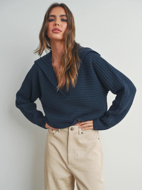 Navy Oversized Collar Knit Sweater - Themasonboutique