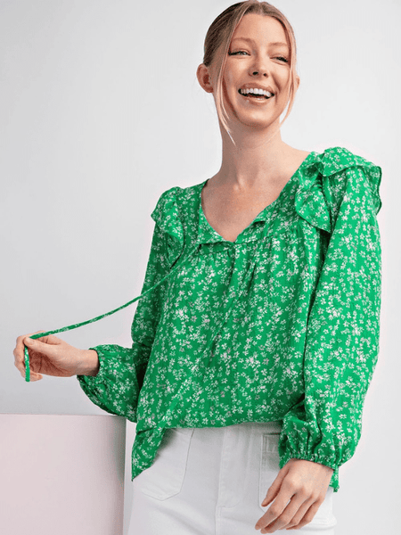 Kelly Green Floral Ruffle Top