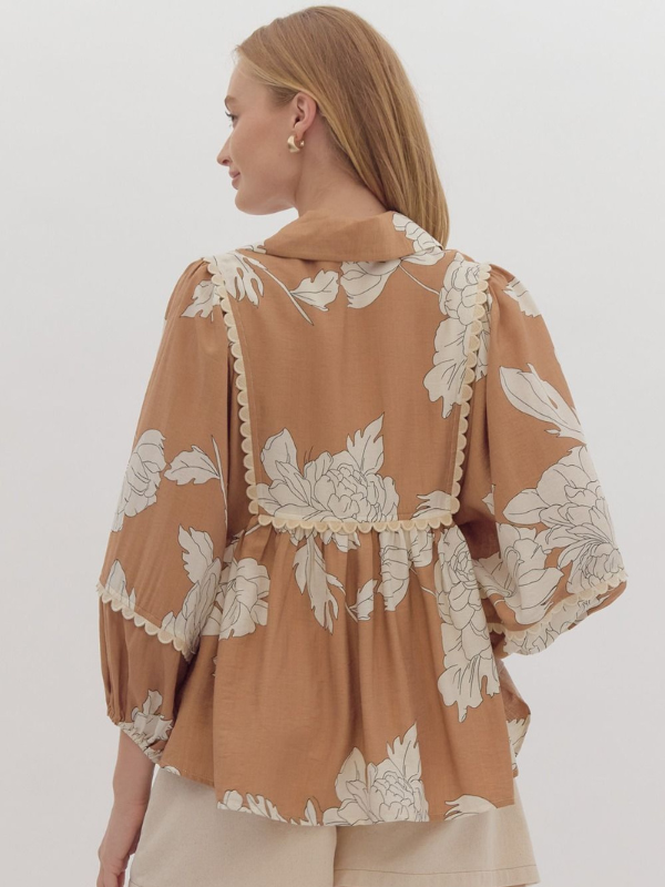 Camel & Cream Floral Rik Rak Top - Themasonboutique