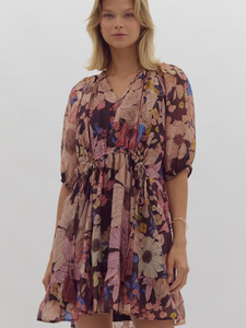 Brown & Rose Floral Mini Dress - Themasonboutique