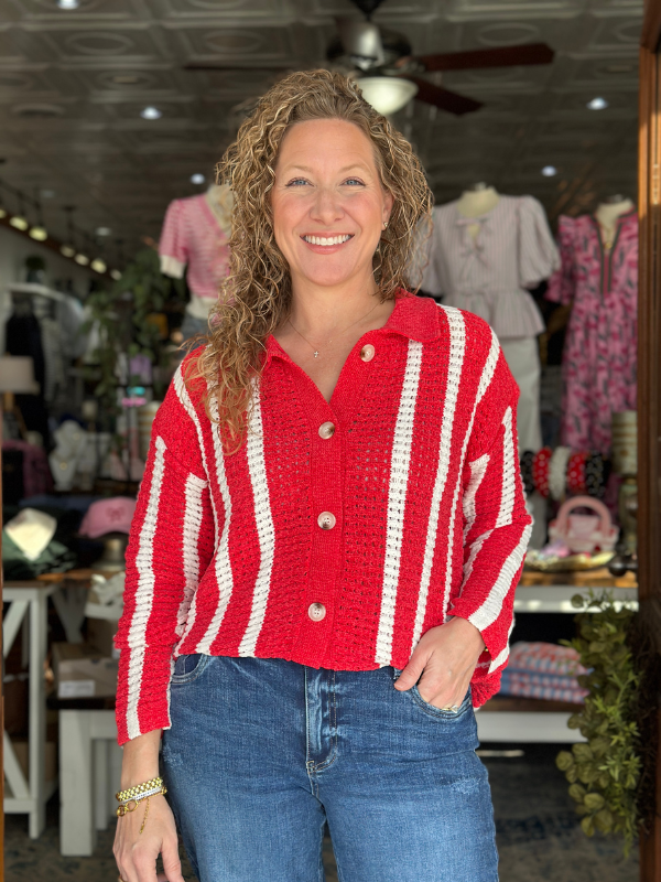 Red & Ivory Stripe Chenille Cardigan