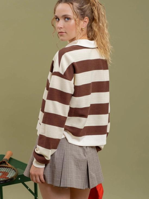 Chocolate & Cream Wide Stripe Collared Top - Themasonboutique