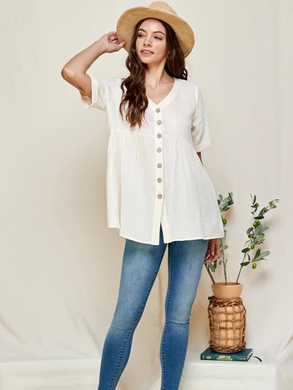 Gauze Button Down V-Neck Top - Themasonboutique