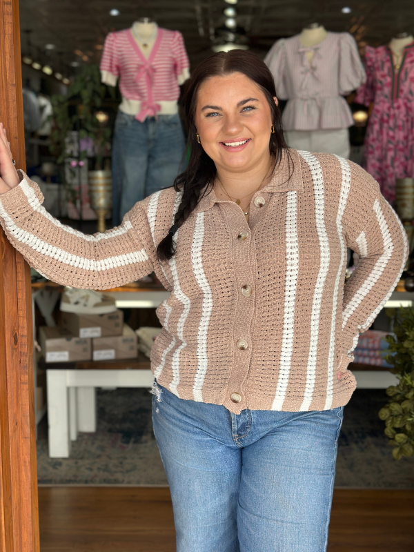 Taupe & Ivory Stripe Chenille Cardigan