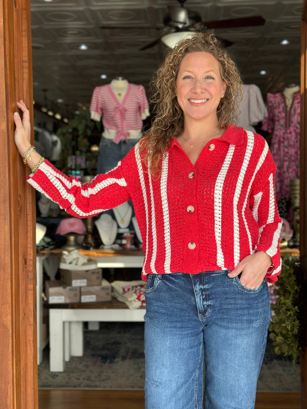 Red & Ivory Stripe Chenille Cardigan