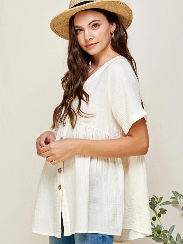 Gauze Button Down V-Neck Top - Themasonboutique