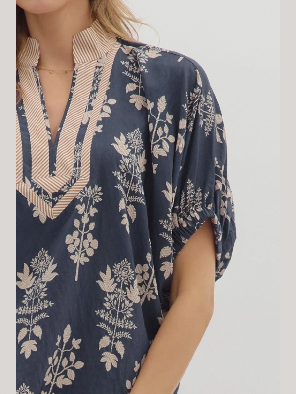 Navy Botanical Dolman Sleeve Top