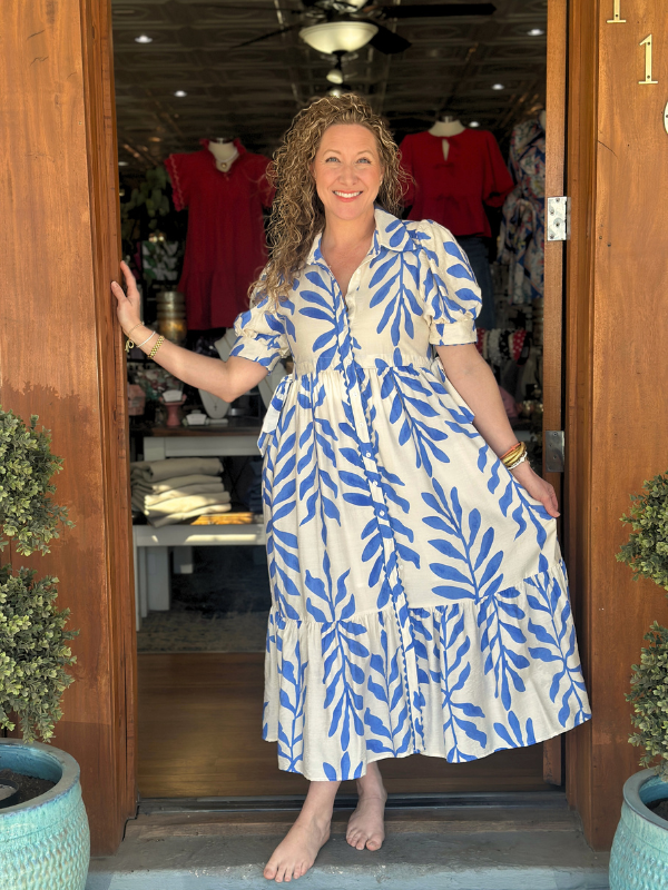 Blue + Cream Floral Midi Dress