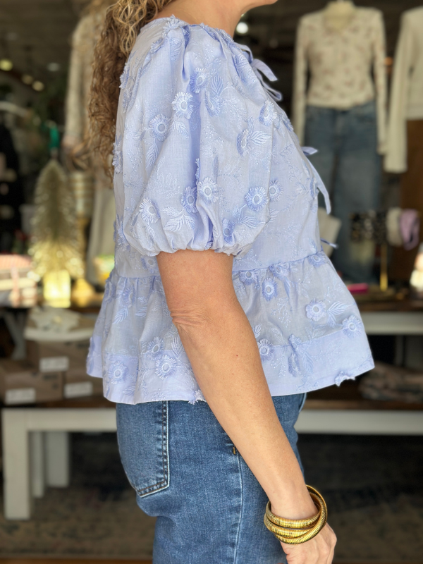 Blue Floral Embroidered Peplum Top