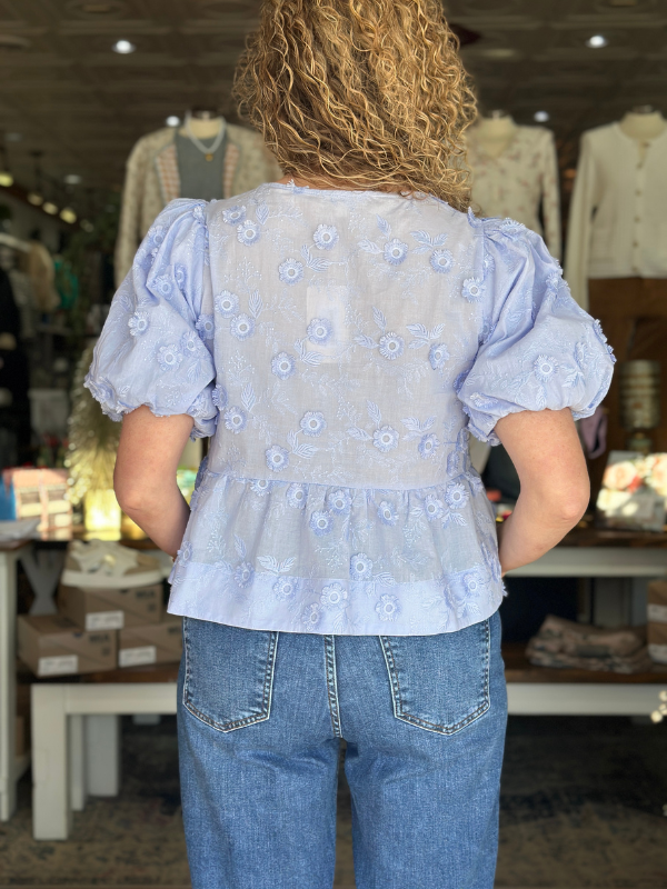 Blue Floral Embroidered Peplum Top