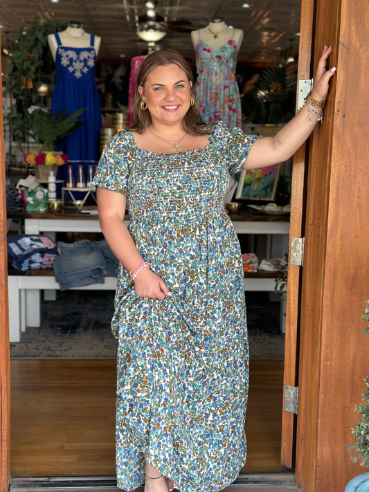 Blue & Green Floral Smocked Midi Dress
