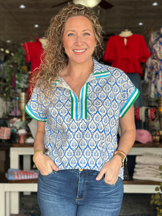 Blue & White Damask Printed Zipper Top