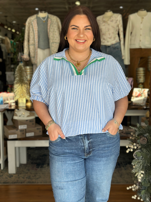 Blue & White Stripe Contrast Collar Top