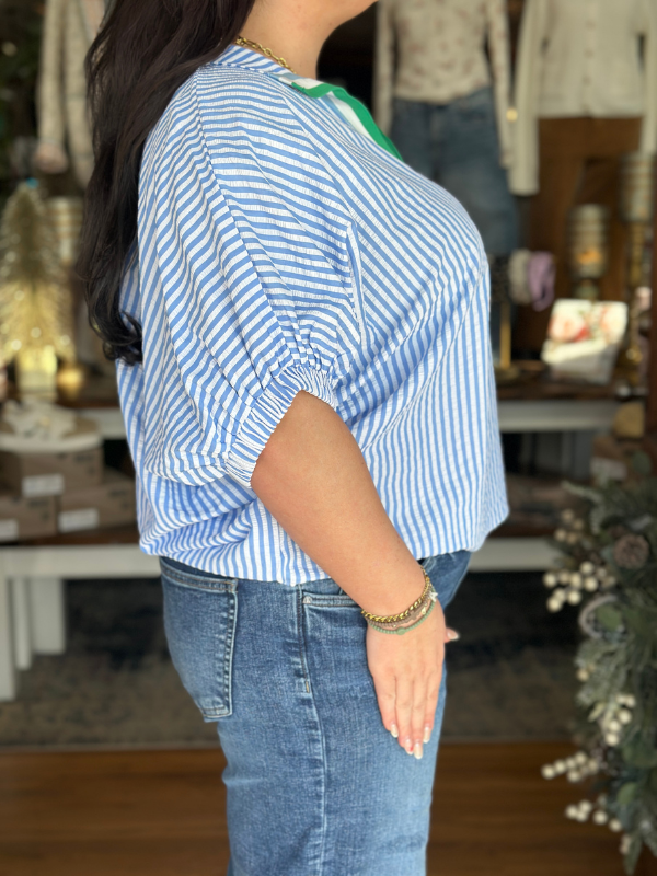 Blue & White Stripe Contrast Collar Top