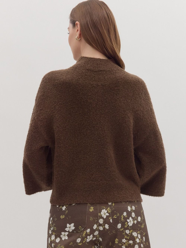 Person wearing a brown sweater with a plain background