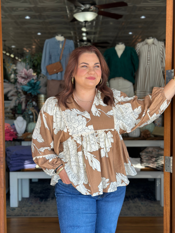 Camel & Cream Floral Rik Rak Top - Themasonboutique