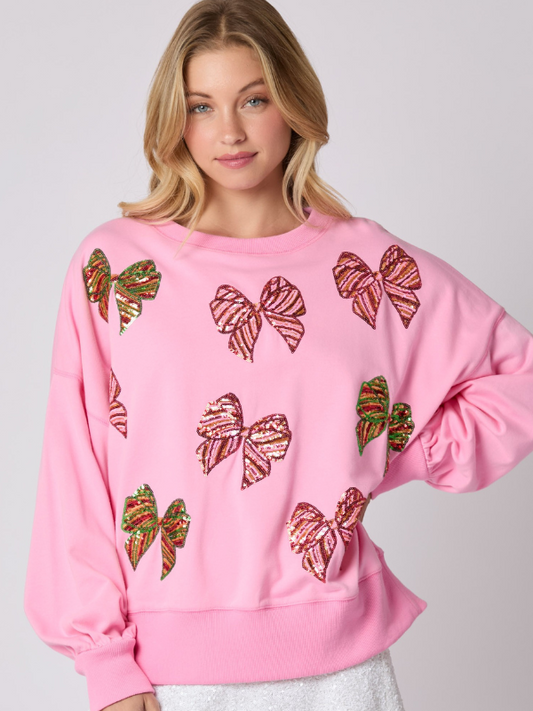 Candy Pink Sequin Bow Sweatshirt - Themasonboutique