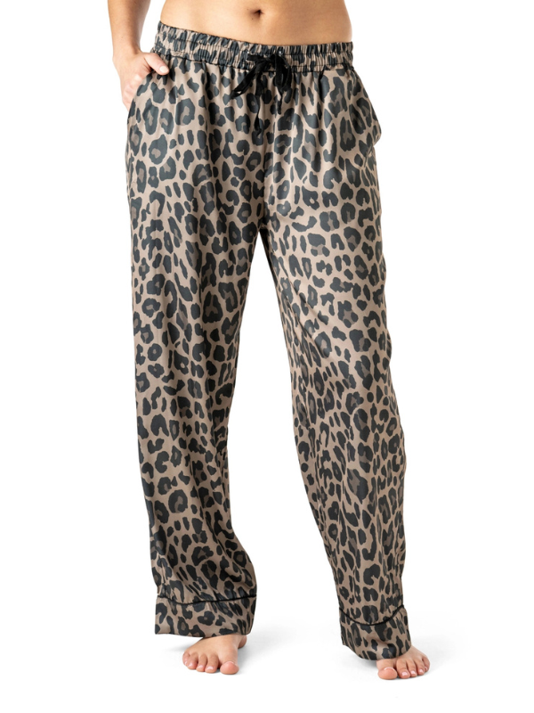 Leopard print pajama pants on a white background