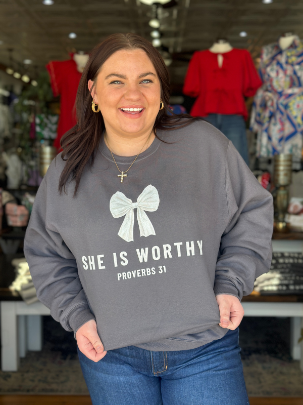 Charcoal She Is Worthy Graphic Sweatshirt