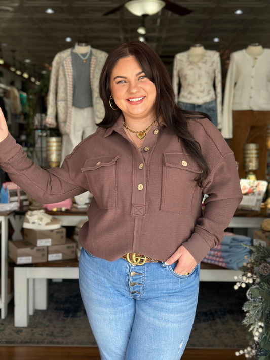 Chocolate Collared Button Sweatshirt