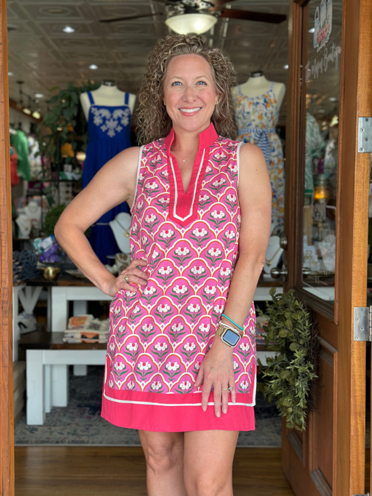 Pink Floral Scallop Print Mini Dress