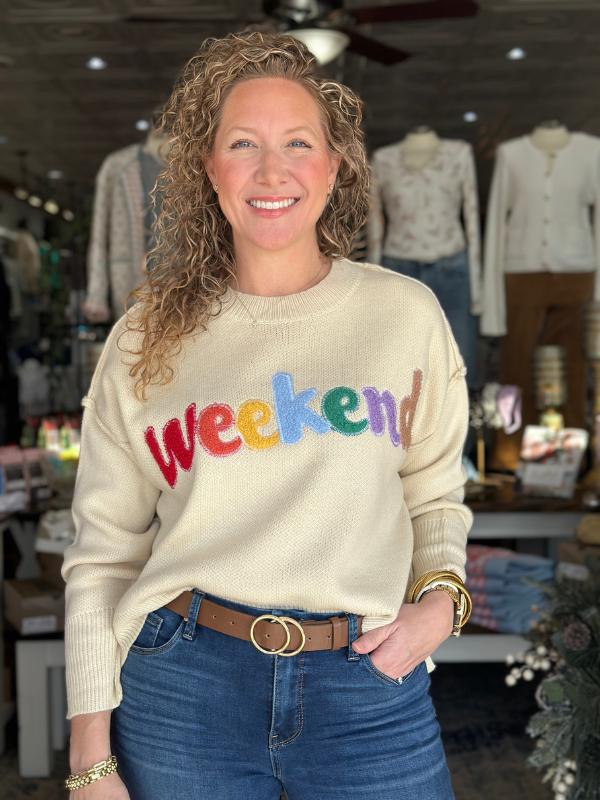 Cream Rib Knit Weekend Embroidered Sweater