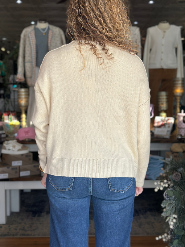 Cream Rib Knit Weekend Embroidered Sweater