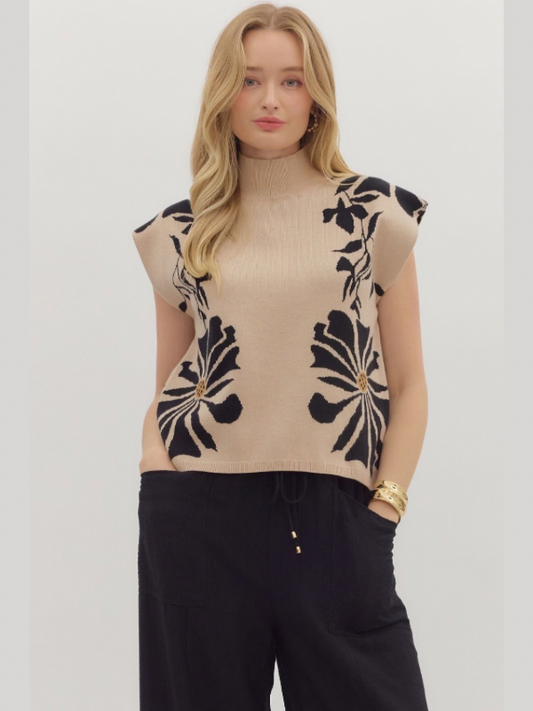 Ecru High Neck Floral Sweater