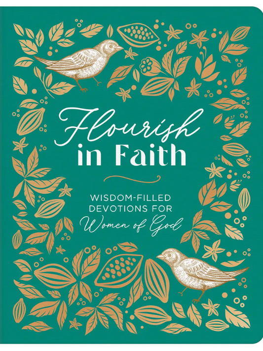 Book cover of 'Flourish in Faith' with decorative elements and text.