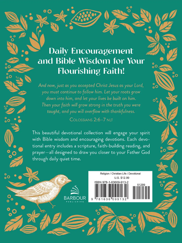 Back cover of a book with decorative elements and text about daily encouragement and Bible wisdom.