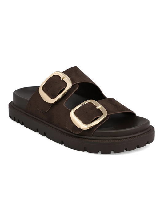 Brown sandal with gold buckles on a white background