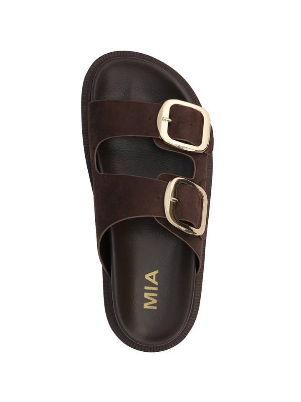 Brown sandal with gold buckles on a white background